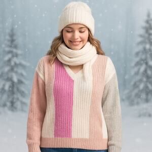 Kori SZ S Oversized Colorblock Striped V-Neck Sweater NWT Pink Gray Cream Tan